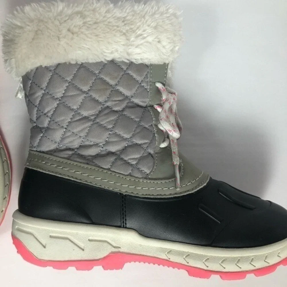 Womens Winter Snow Boots‎ Gray Quilted Faux Fur Trim Lace Up Size 3